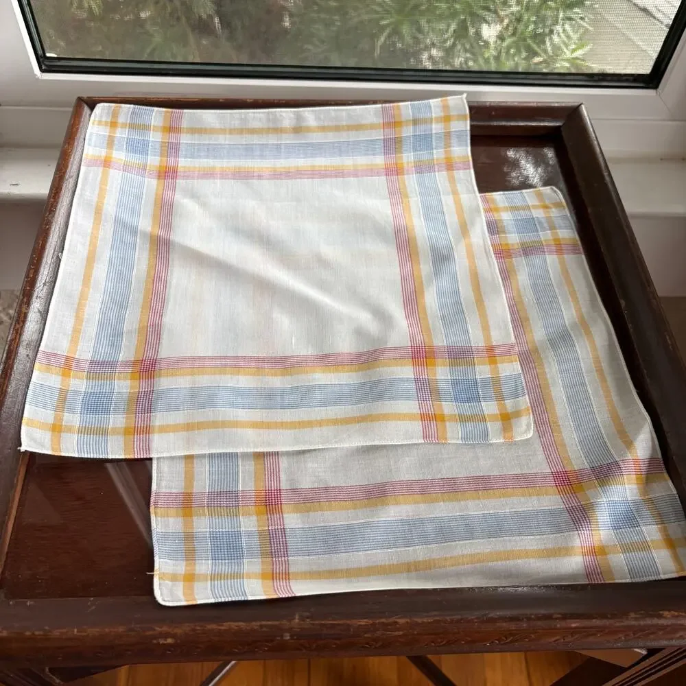 Vintage Plaid Cotton Handkerchief Set Blue Yellow Red 11x11